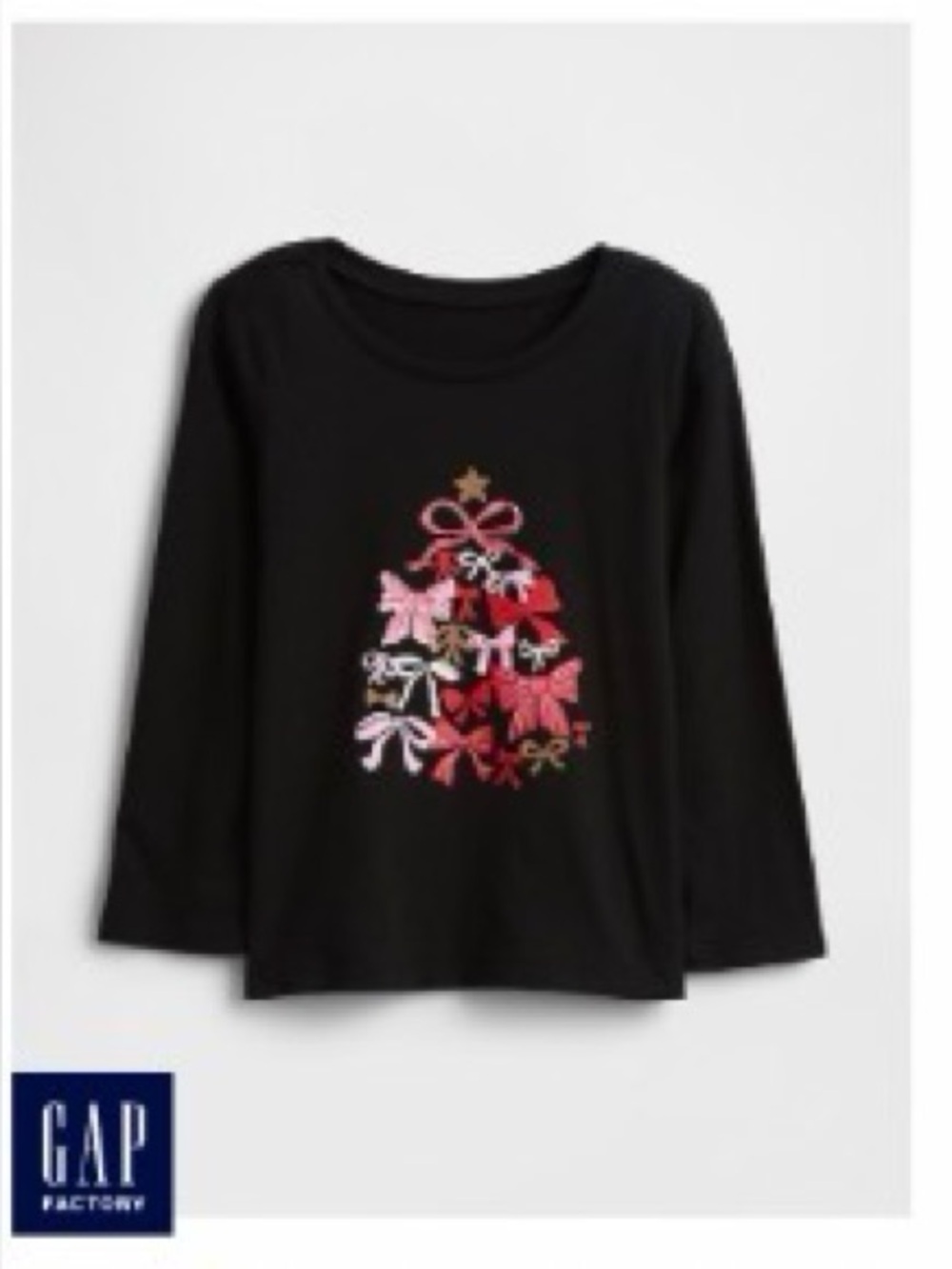 GAP Christmas Black Long Sleeve Tee with Pink Bow and Gold Star